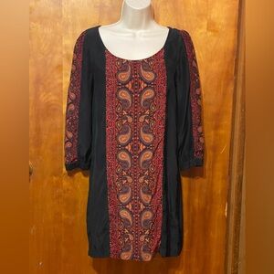 Lovely vintage Lucky Brand silk dress,black/red/gold paisley,long sleeves,XS